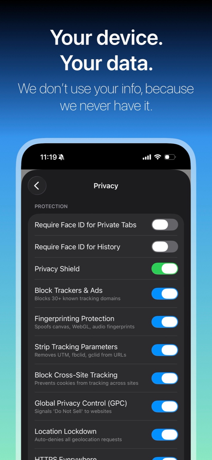 Starling Privacy settings screenshot with toggles for tracker blocking, fingerprinting protection, tracking parameter stripping, and more.